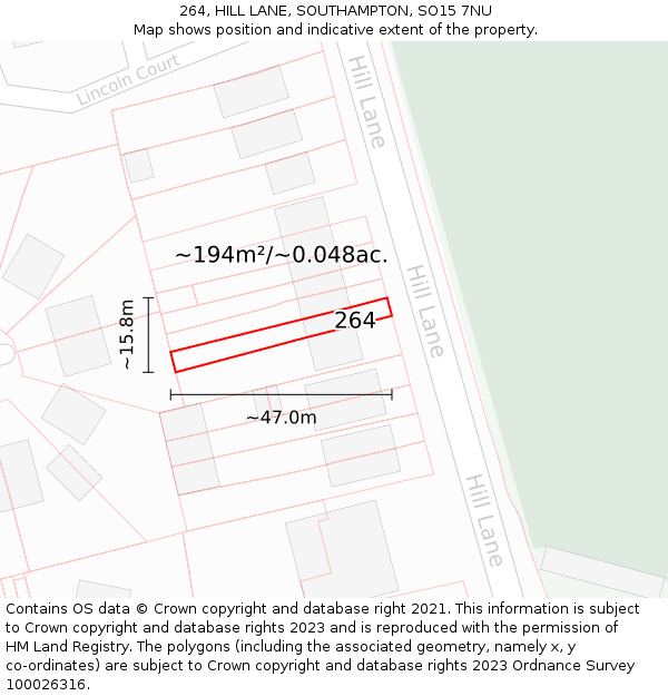 264, HILL LANE, SOUTHAMPTON, SO15 7NU: Plot and title map