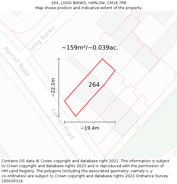 264, LONG BANKS, HARLOW, CM18 7PB: Plot and title map