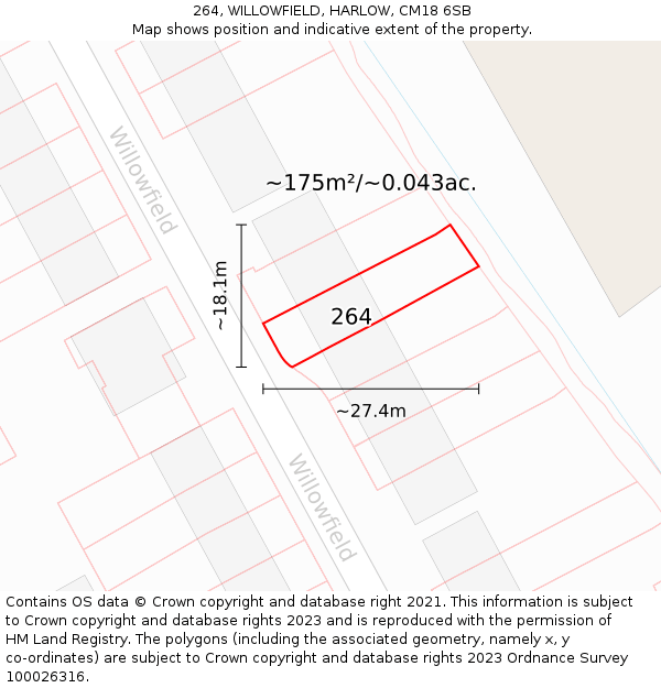 264, WILLOWFIELD, HARLOW, CM18 6SB: Plot and title map
