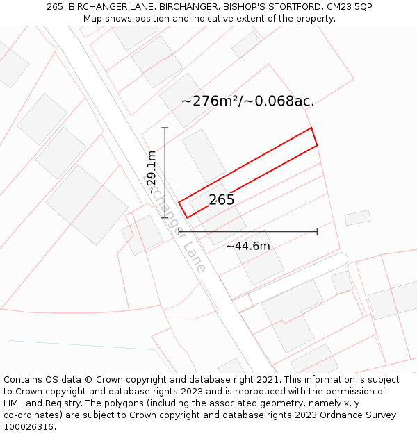 265, BIRCHANGER LANE, BIRCHANGER, BISHOP'S STORTFORD, CM23 5QP: Plot and title map