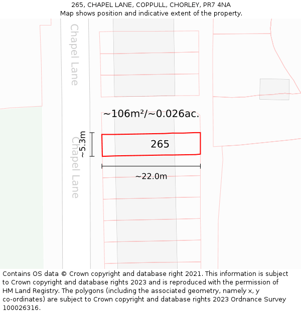 265, CHAPEL LANE, COPPULL, CHORLEY, PR7 4NA: Plot and title map