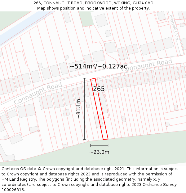 265, CONNAUGHT ROAD, BROOKWOOD, WOKING, GU24 0AD: Plot and title map