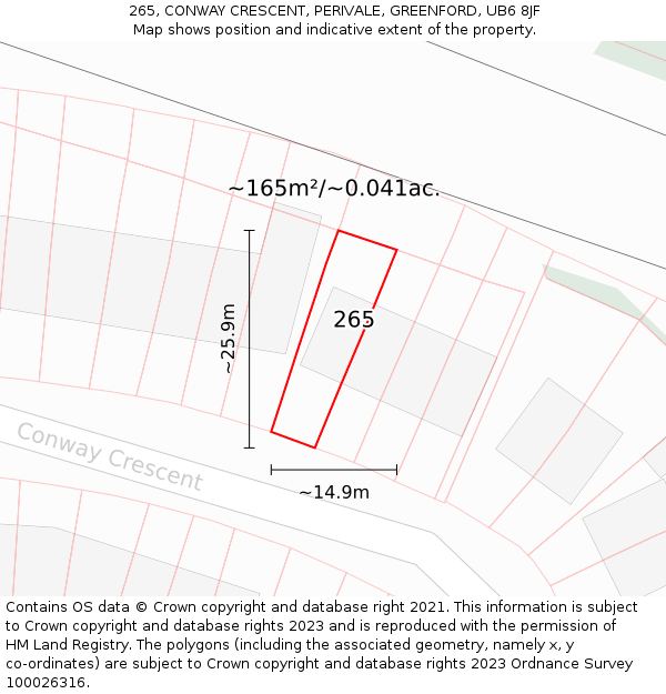 265, CONWAY CRESCENT, PERIVALE, GREENFORD, UB6 8JF: Plot and title map