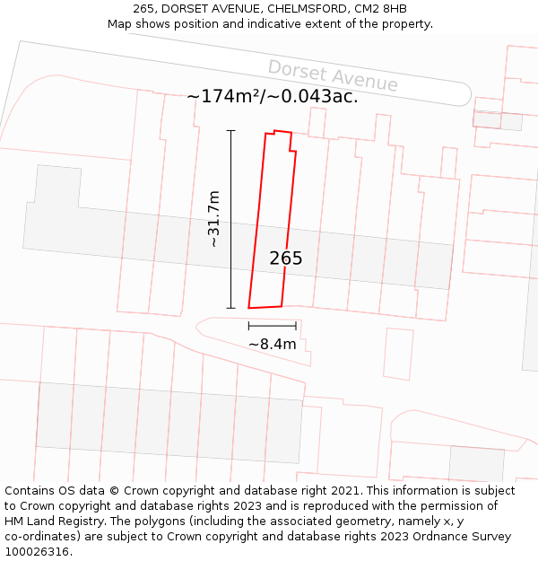 265, DORSET AVENUE, CHELMSFORD, CM2 8HB: Plot and title map