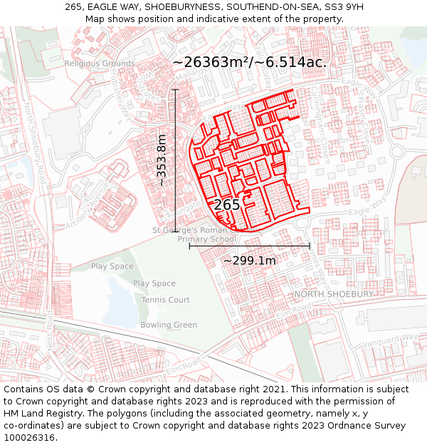 265, EAGLE WAY, SHOEBURYNESS, SOUTHEND-ON-SEA, SS3 9YH: Plot and title map
