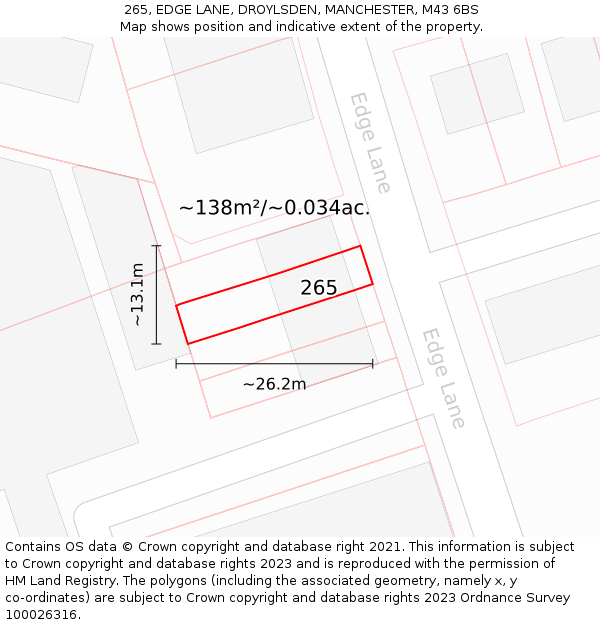 265, EDGE LANE, DROYLSDEN, MANCHESTER, M43 6BS: Plot and title map