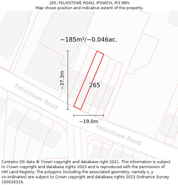 265, FELIXSTOWE ROAD, IPSWICH, IP3 9BN: Plot and title map