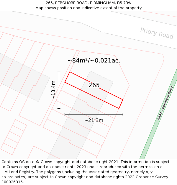 265, PERSHORE ROAD, BIRMINGHAM, B5 7RW: Plot and title map
