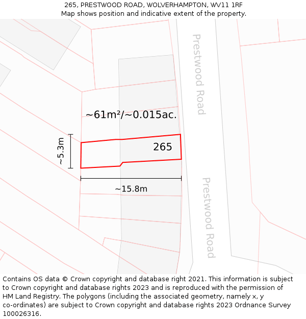 265, PRESTWOOD ROAD, WOLVERHAMPTON, WV11 1RF: Plot and title map
