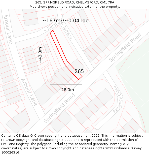 265, SPRINGFIELD ROAD, CHELMSFORD, CM1 7RA: Plot and title map