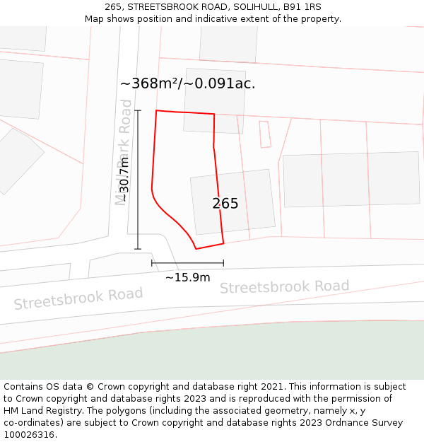 265, STREETSBROOK ROAD, SOLIHULL, B91 1RS: Plot and title map