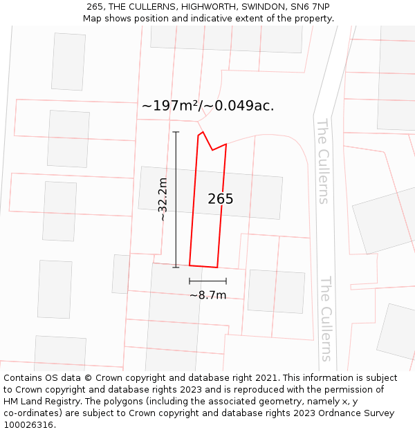 265, THE CULLERNS, HIGHWORTH, SWINDON, SN6 7NP: Plot and title map