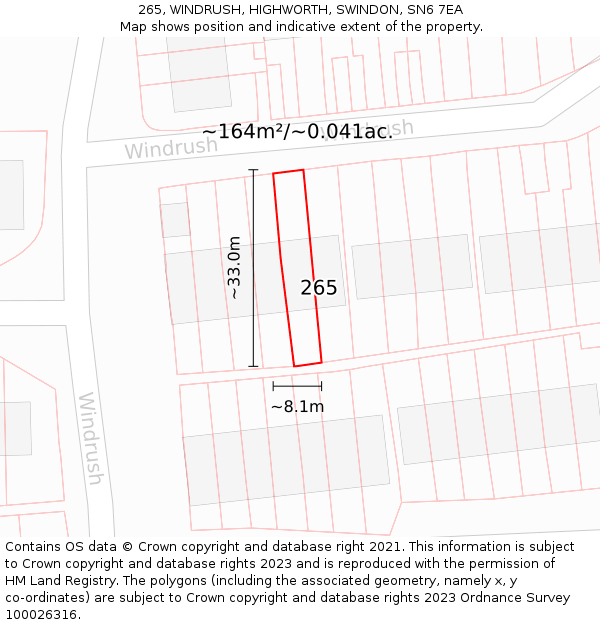 265, WINDRUSH, HIGHWORTH, SWINDON, SN6 7EA: Plot and title map