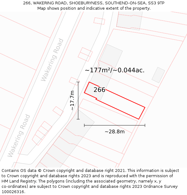 266, WAKERING ROAD, SHOEBURYNESS, SOUTHEND-ON-SEA, SS3 9TP: Plot and title map