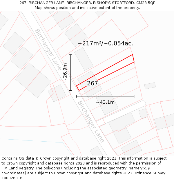 267, BIRCHANGER LANE, BIRCHANGER, BISHOP'S STORTFORD, CM23 5QP: Plot and title map