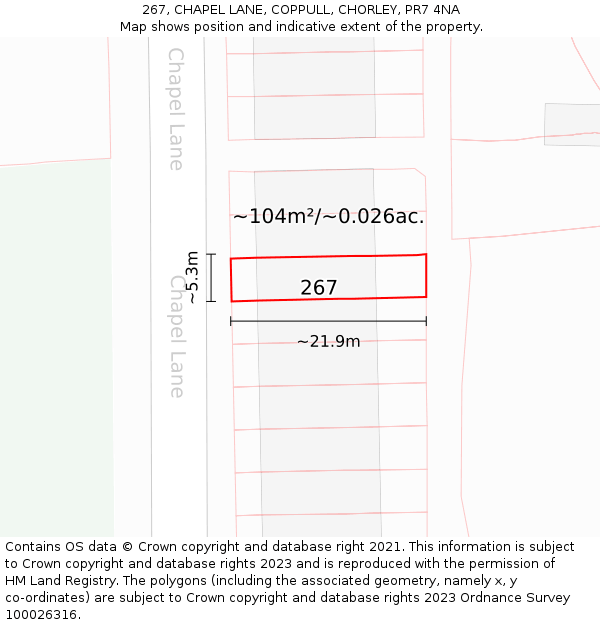 267, CHAPEL LANE, COPPULL, CHORLEY, PR7 4NA: Plot and title map