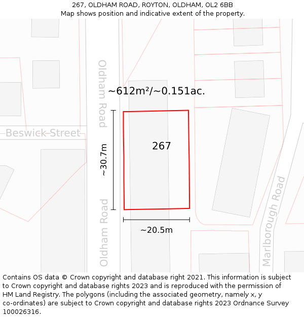 267, OLDHAM ROAD, ROYTON, OLDHAM, OL2 6BB: Plot and title map