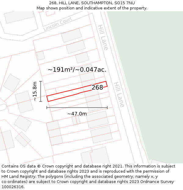 268, HILL LANE, SOUTHAMPTON, SO15 7NU: Plot and title map