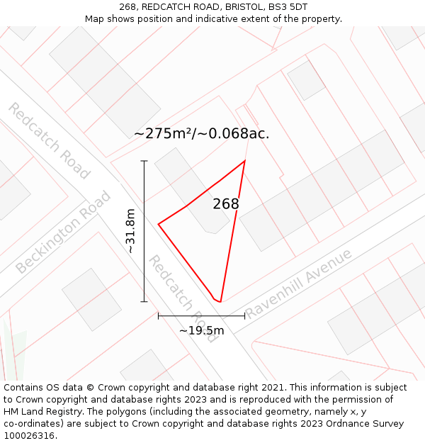 268, REDCATCH ROAD, BRISTOL, BS3 5DT: Plot and title map