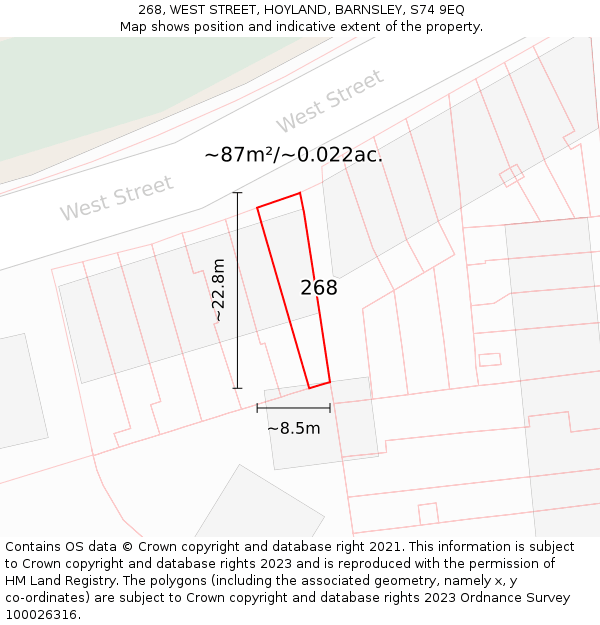 268, WEST STREET, HOYLAND, BARNSLEY, S74 9EQ: Plot and title map