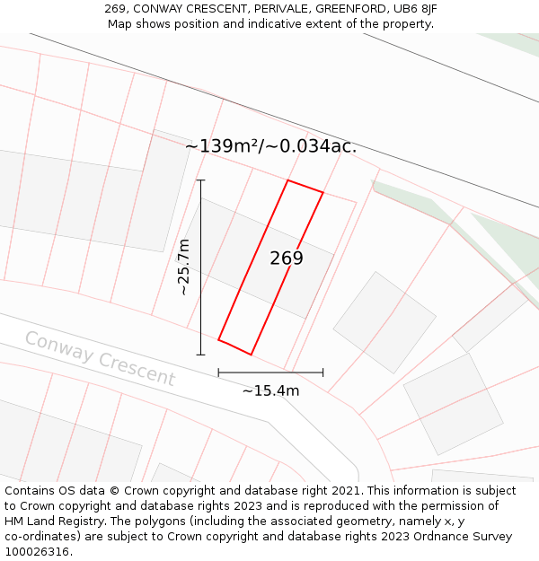 269, CONWAY CRESCENT, PERIVALE, GREENFORD, UB6 8JF: Plot and title map