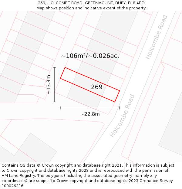 269, HOLCOMBE ROAD, GREENMOUNT, BURY, BL8 4BD: Plot and title map