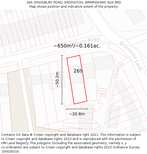 269, KINGSBURY ROAD, ERDINGTON, BIRMINGHAM, B24 8RD: Plot and title map