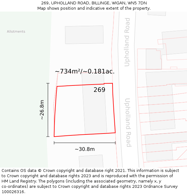 269, UPHOLLAND ROAD, BILLINGE, WIGAN, WN5 7DN: Plot and title map