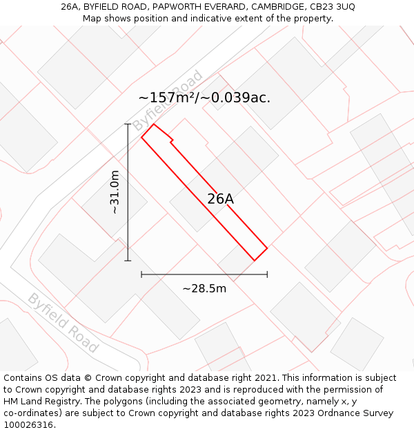 26A, BYFIELD ROAD, PAPWORTH EVERARD, CAMBRIDGE, CB23 3UQ: Plot and title map