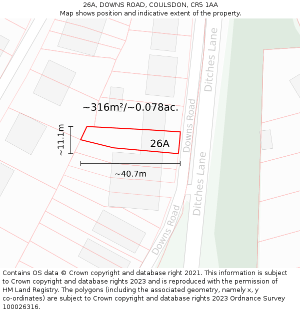 26A, DOWNS ROAD, COULSDON, CR5 1AA: Plot and title map