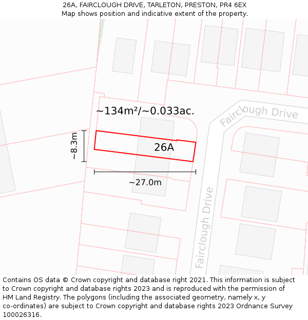 26A, FAIRCLOUGH DRIVE, TARLETON, PRESTON, PR4 6EX: Plot and title map