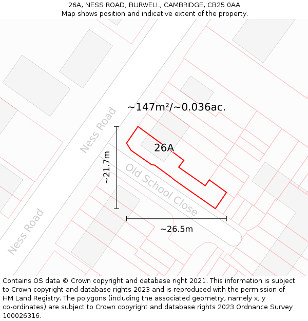26A, NESS ROAD, BURWELL, CAMBRIDGE, CB25 0AA: Plot and title map