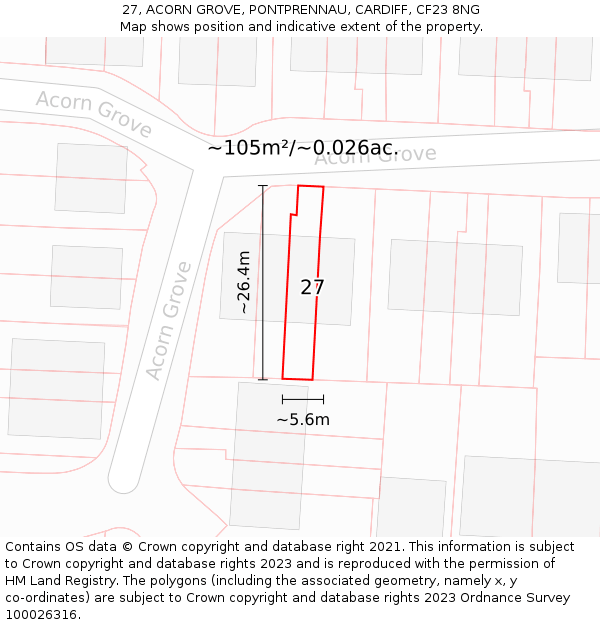 27, ACORN GROVE, PONTPRENNAU, CARDIFF, CF23 8NG: Plot and title map