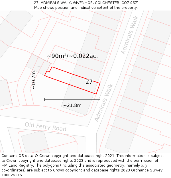 27, ADMIRALS WALK, WIVENHOE, COLCHESTER, CO7 9SZ: Plot and title map