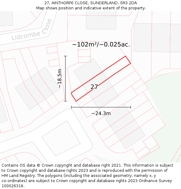 27, AINTHORPE CLOSE, SUNDERLAND, SR3 2DA: Plot and title map