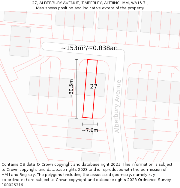 27, ALBERBURY AVENUE, TIMPERLEY, ALTRINCHAM, WA15 7LJ: Plot and title map