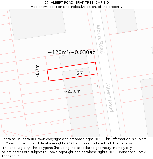 27, ALBERT ROAD, BRAINTREE, CM7 3JQ: Plot and title map