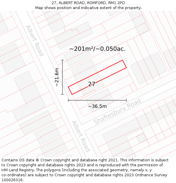 27, ALBERT ROAD, ROMFORD, RM1 2PD: Plot and title map