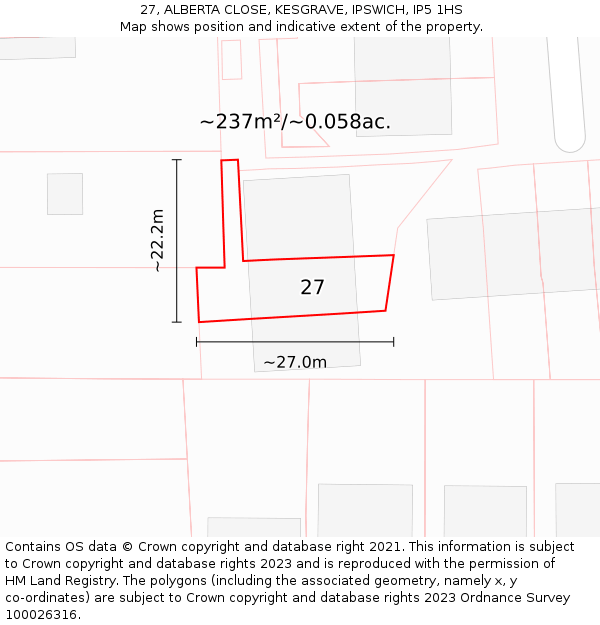 27, ALBERTA CLOSE, KESGRAVE, IPSWICH, IP5 1HS: Plot and title map