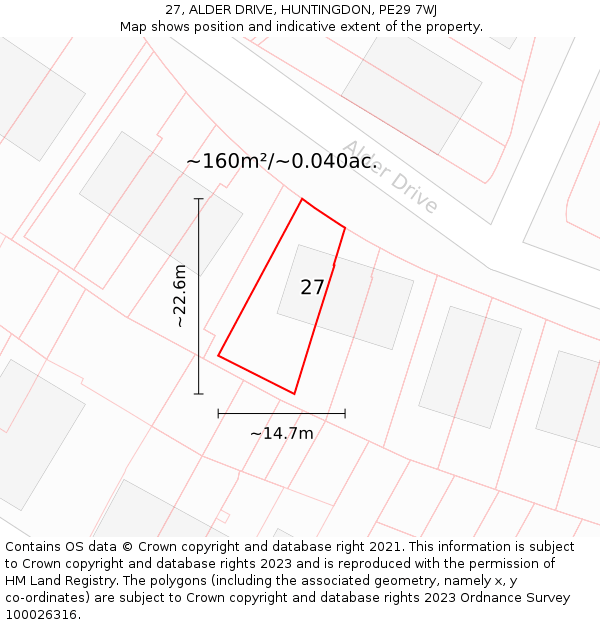 27, ALDER DRIVE, HUNTINGDON, PE29 7WJ: Plot and title map