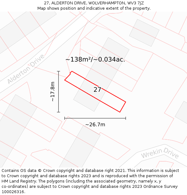 27, ALDERTON DRIVE, WOLVERHAMPTON, WV3 7JZ: Plot and title map
