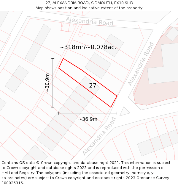 27, ALEXANDRIA ROAD, SIDMOUTH, EX10 9HD: Plot and title map