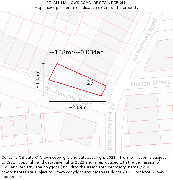 27, ALL HALLOWS ROAD, BRISTOL, BS5 0HL: Plot and title map