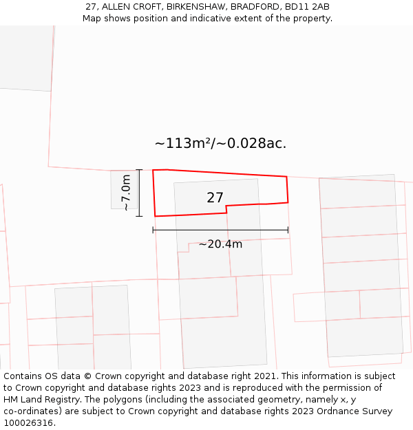 27, ALLEN CROFT, BIRKENSHAW, BRADFORD, BD11 2AB: Plot and title map
