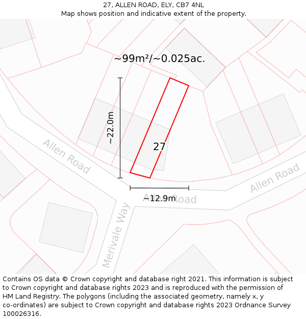 27, ALLEN ROAD, ELY, CB7 4NL: Plot and title map