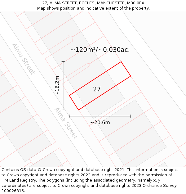 27, ALMA STREET, ECCLES, MANCHESTER, M30 0EX: Plot and title map