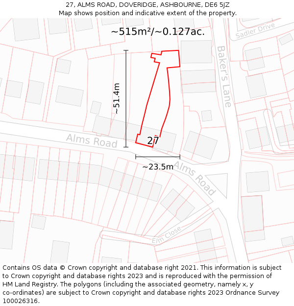 27, ALMS ROAD, DOVERIDGE, ASHBOURNE, DE6 5JZ: Plot and title map