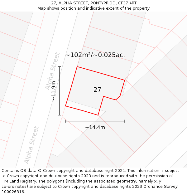 27, ALPHA STREET, PONTYPRIDD, CF37 4RT: Plot and title map