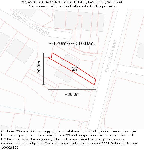 27, ANGELICA GARDENS, HORTON HEATH, EASTLEIGH, SO50 7PA: Plot and title map