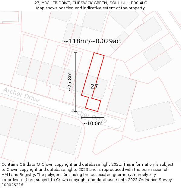 27, ARCHER DRIVE, CHESWICK GREEN, SOLIHULL, B90 4LG: Plot and title map